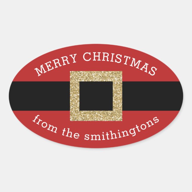 Christmas Santa Suit Gold Red Personalised Name Oval Sticker (Front)