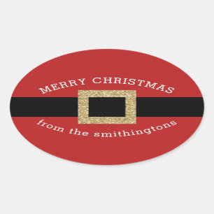 Christmas Santa Suit Gold Red Personalised Name Oval Sticker