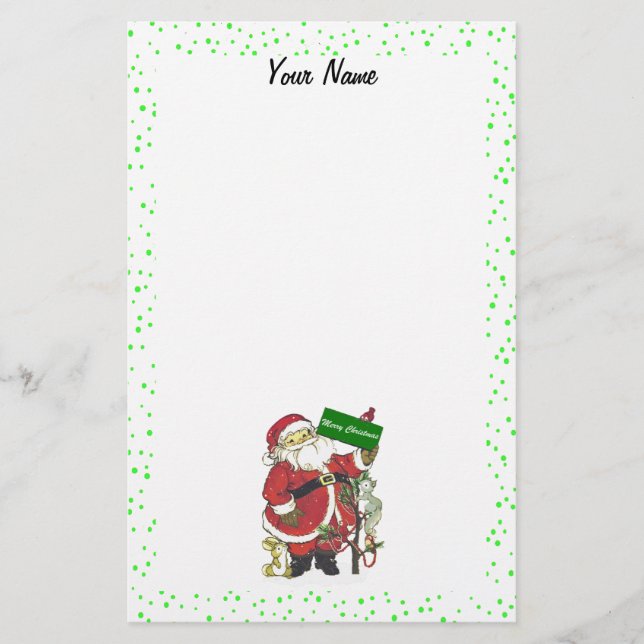 Christmas Santa Tree Animals Green Polka Dots Stationery (Front)