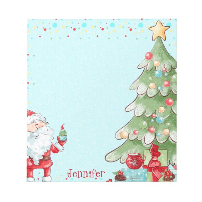 Christmas Santa & Tree Whimsical w Name Gift Notepad (Front)