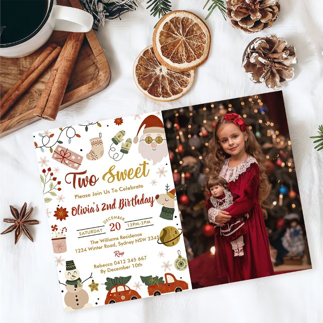 Christmas Santa Two Sweet Birthday Party Photo Invitation (Creator Uploaded)
