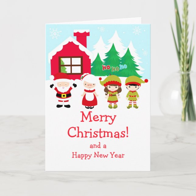 Christmas Santa, Wife and Elves Merry Christmas Holiday Card (Front)