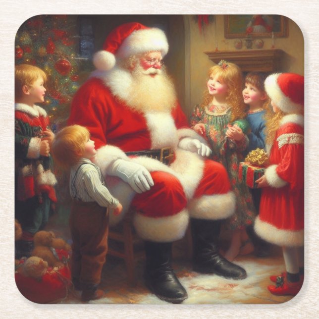 Christmas Santa with Children 3 Square Paper Coaster (Front)