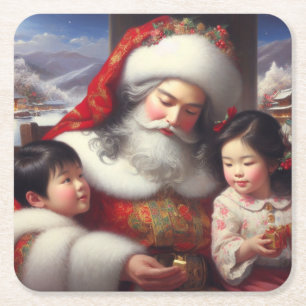Christmas Santa with Children 5 Square Paper Coaster