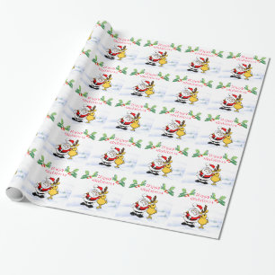 Christmas Santa with Reindeer, holly berries, snow Wrapping Paper