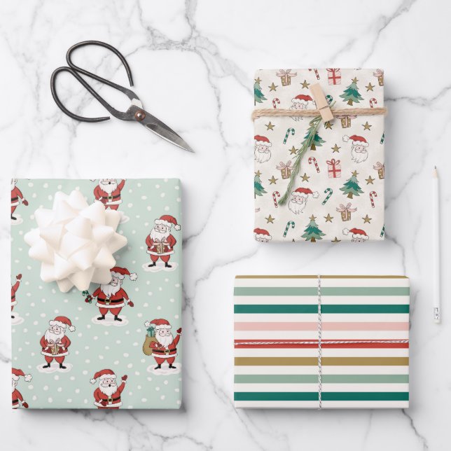 Christmas Santa Wrapping Paper Flat Sheet Set of 3 (Front)