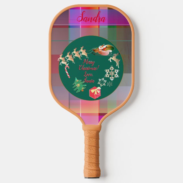 Christmas Santa's Reindeer Plaid Small Christmas Pickleball Paddle (Front)