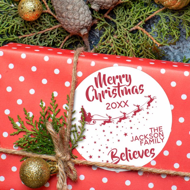 Christmas Santa's sleigh reindeers holiday Classic Round Sticker (Creator Uploaded)