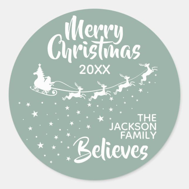 Christmas Santa's sleigh reindeers holiday Classic Round Sticker (Front)