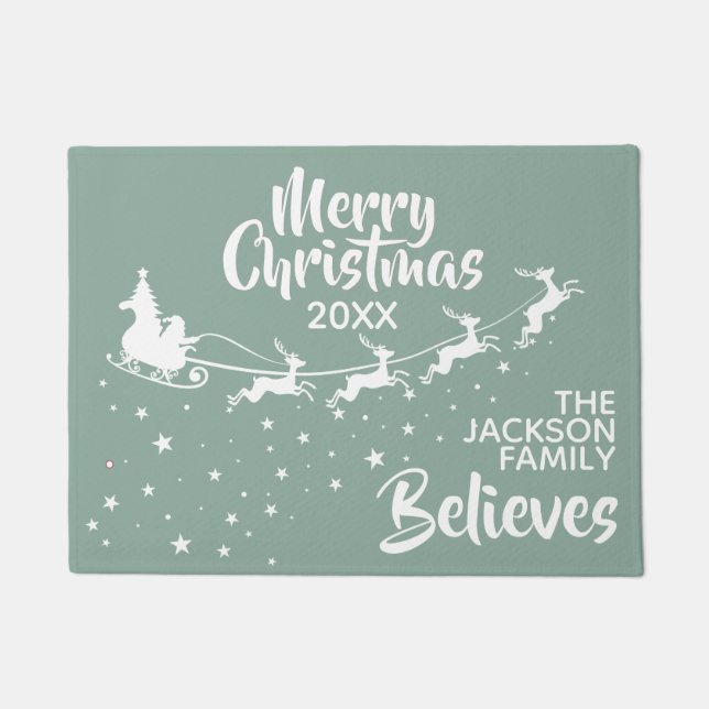 Christmas Santa's sleigh reindeers holiday Doormat (Front)