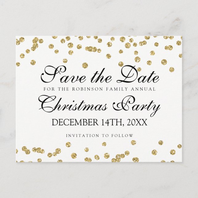 Christmas Save The Date Gold Glitter Confetti Announcement Postcard (Front)