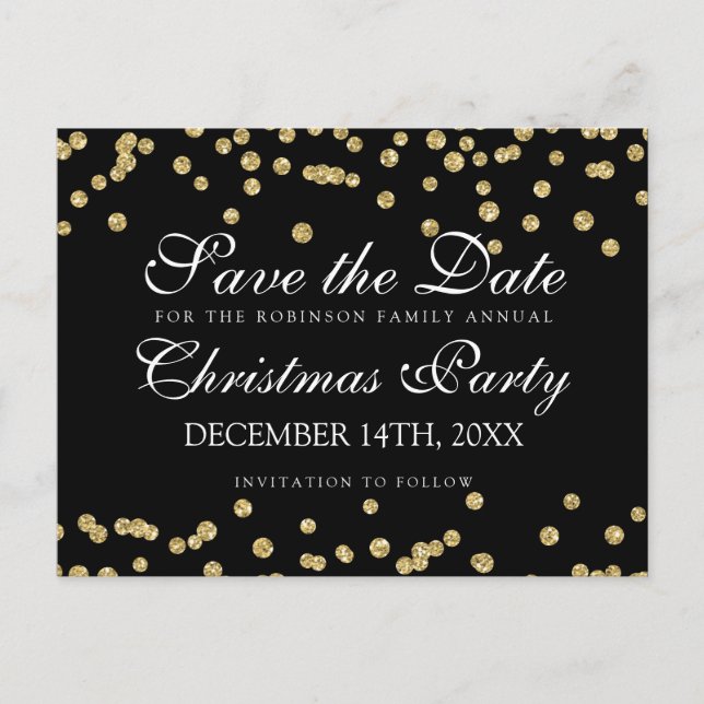 Christmas Save The Date Gold Glitter Confetti Blac Announcement Postcard (Front)