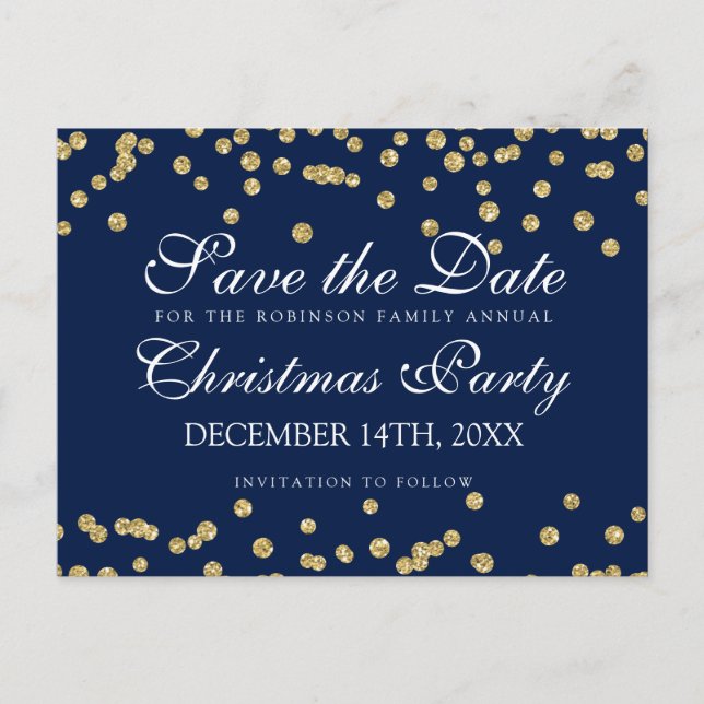 Christmas Save The Date Gold Glitter Confetti Navy Announcement Postcard (Front)