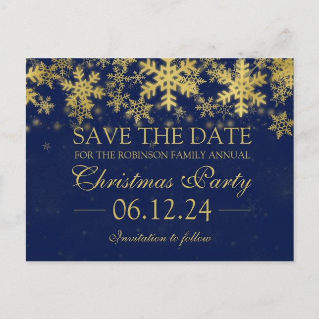 Christmas Save The Date Gold Navy Blue Winter Announcement Postcard (Front)