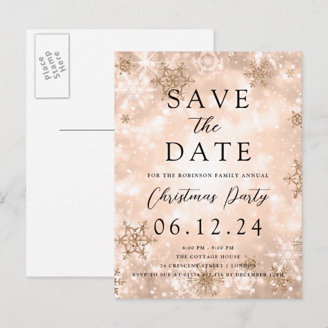 Christmas Save The Date Rose Gold Winter Wonder  Announcement Postcard (Front/Back)