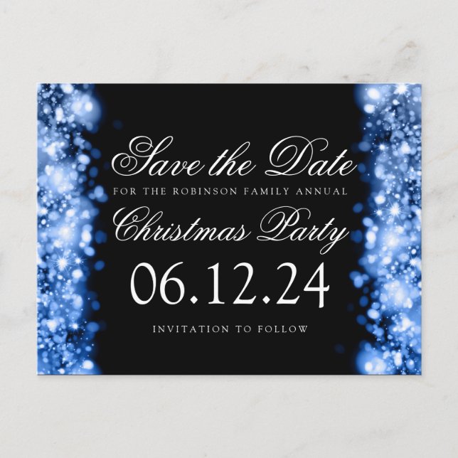 Christmas Save The Date Sparkling Lights Blue Announcement Postcard (Front)