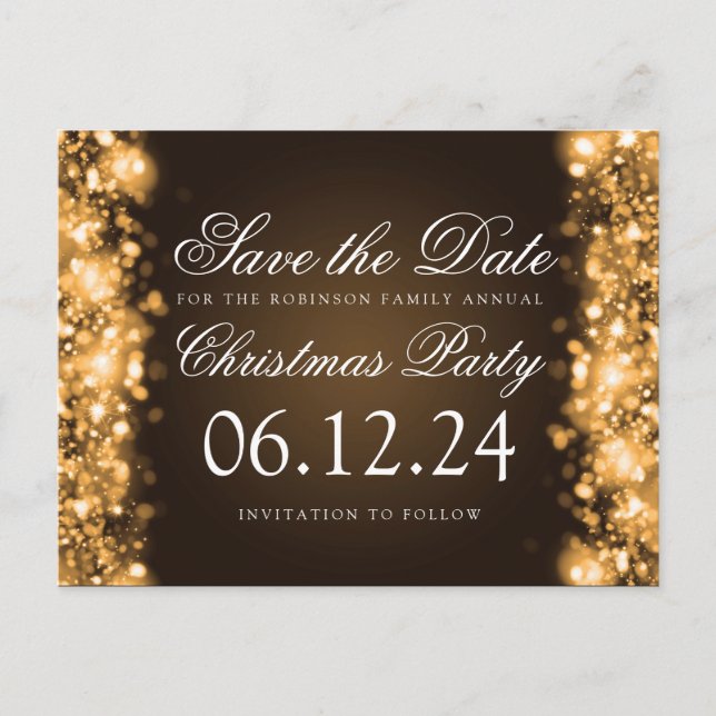 Christmas Save The Date Sparkling Lights Gold Announcement Postcard (Front)