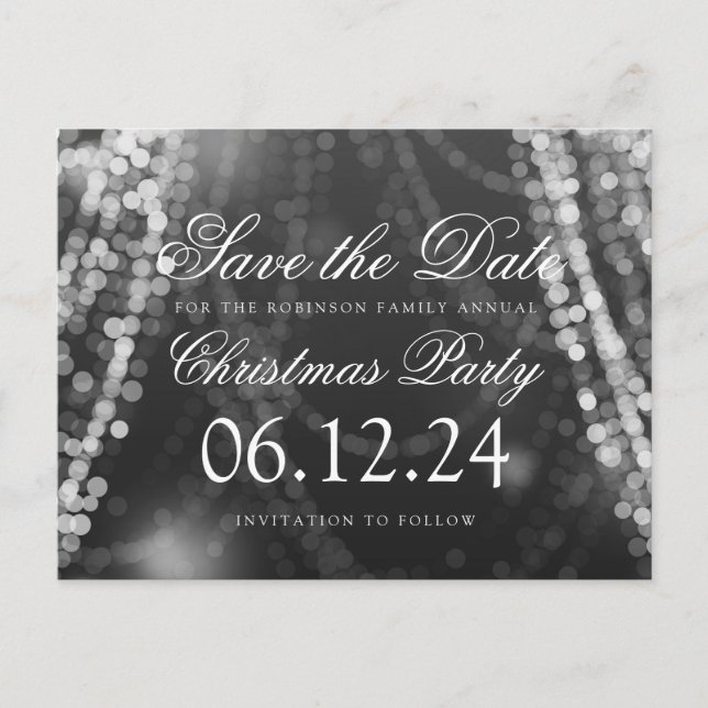 Christmas Save The Date String Lights Silver Announcement Postcard (Front)