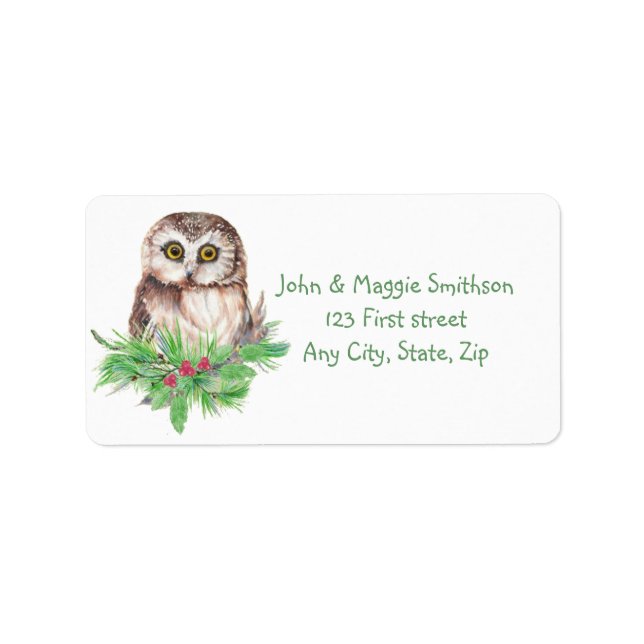 Christmas Saw Whet Owl Bird Nature Custom Art Label (Front)