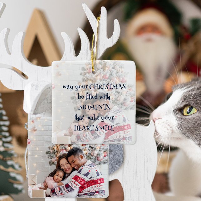 Christmas Saying Photo Overlay Navy Whimsical Text Ceramic Ornament (Front and back view)