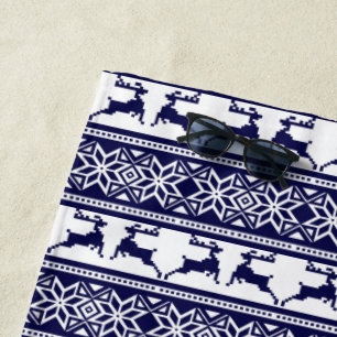 Christmas, Scandinavian Folk Blue and White Beach Towel
