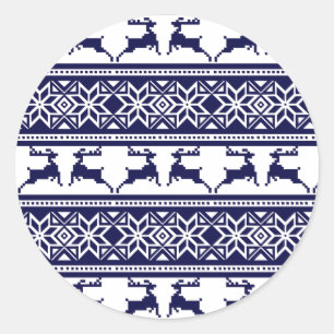Christmas, Scandinavian Folk Blue and White Classic Round Sticker