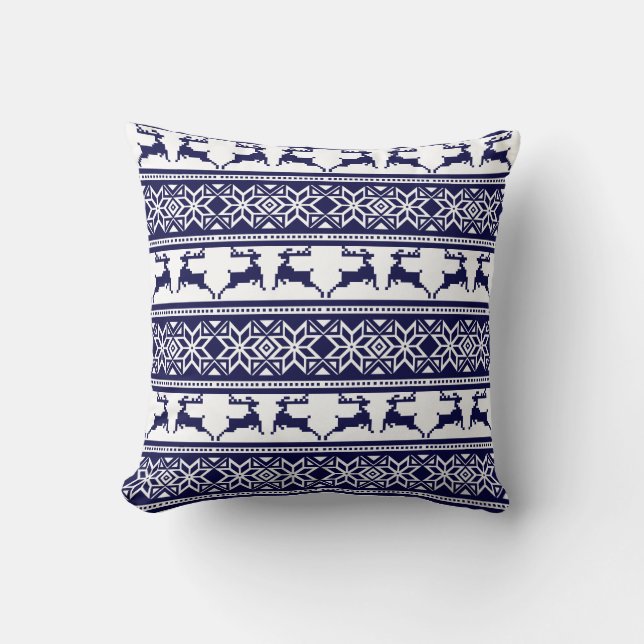 Christmas, Scandinavian Folk Blue and White Cushion (Front)