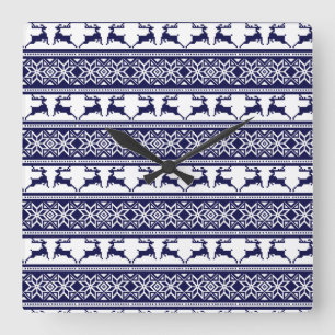 Christmas, Scandinavian Folk Blue and White Square Wall Clock