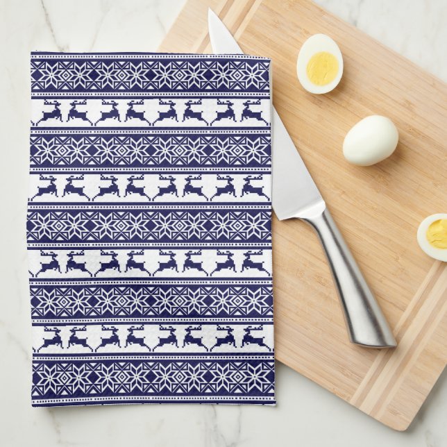 Christmas, Scandinavian Folk Blue and White Tea Towel (Quarter Fold)