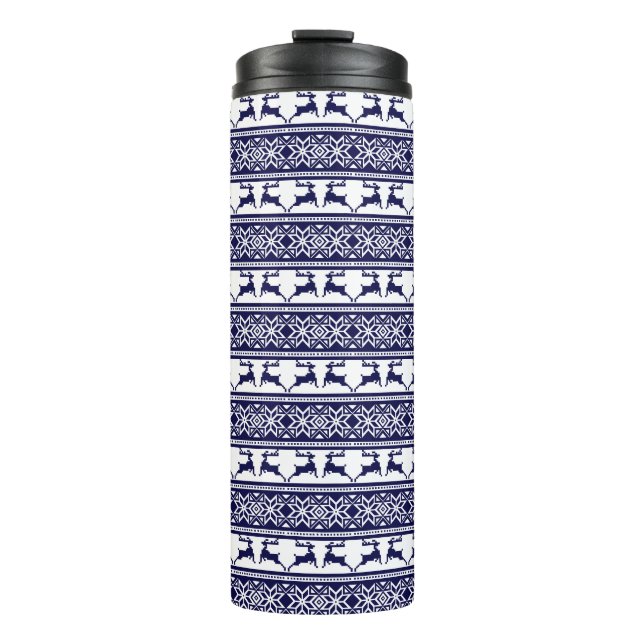 Christmas, Scandinavian Folk Blue and White Thermal Tumbler (Front)