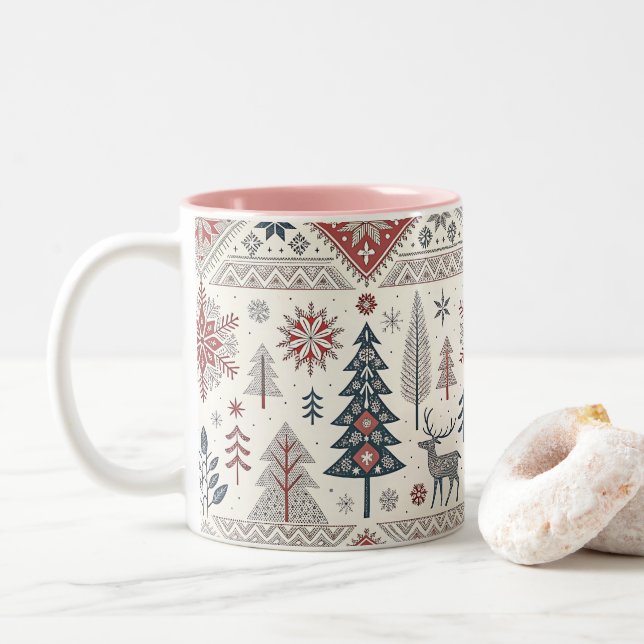 Christmas Scandinavian Geometric Minimalist Two-Tone Coffee Mug (With Donut)