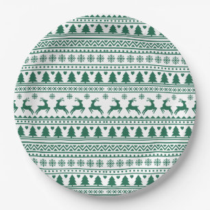 Christmas scandinavian green classic pattern paper plate