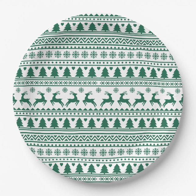 Christmas scandinavian green classic pattern paper plate (Front)
