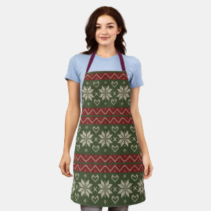 Christmas Scandinavian Knit Red Green Hearts Apron