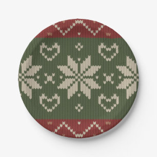 Christmas Scandinavian Knit Red Green Hearts Paper Plate