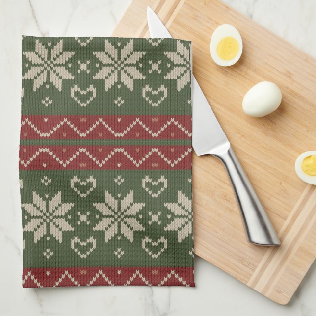 Christmas Scandinavian Knit Red Green Hearts Tea Towel (Quarter Fold)