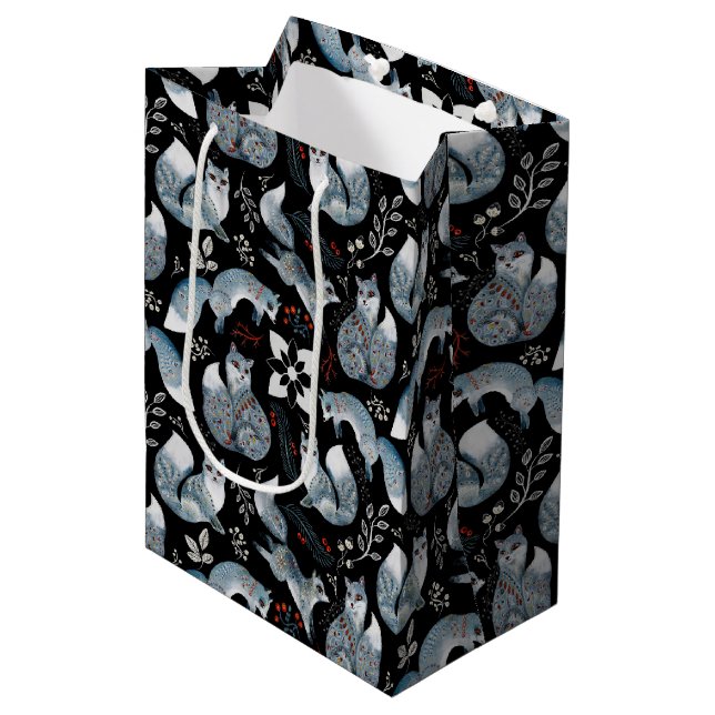 Christmas Scandinavian Nordic Grey Fox on Black Medium Gift Bag (Front Angled)