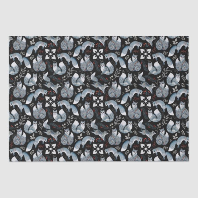 Christmas Scandinavian Nordic Grey Fox on Black Tissue Paper (Front)