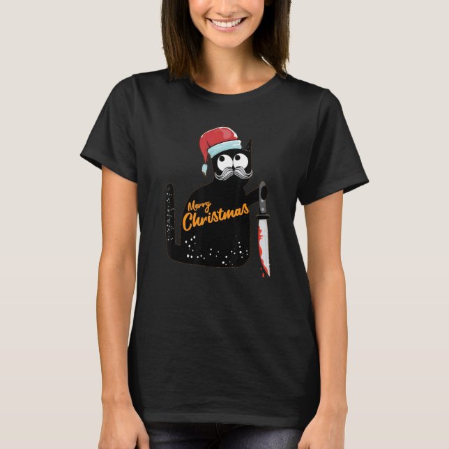 Christmas Scary Black Cat With Knife  Christmas Pa T-Shirt (Front)