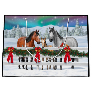 Christmas Scene Bay Buckskin Dapple Grey Horses Large Gift Bag