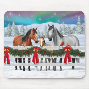 Christmas Scene Bay Buckskin Dapple Grey Horses Mouse Mat