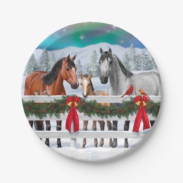 Christmas Scene Bay Buckskin Dapple Grey Horses Paper Plate (Front)