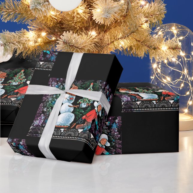 Christmas Scene Chequerboard Black Wrapping Paper (Holidays)