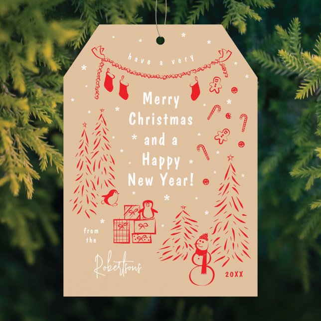 Christmas Scene Doodle Red & Beige Christmas Card (Creator Uploaded)
