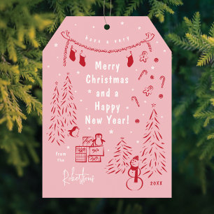 Christmas Scene Doodle Red & Pink Christmas Card