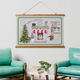 Christmas Scene Fireplace Gifts Photo Collage Hanging Tapestry