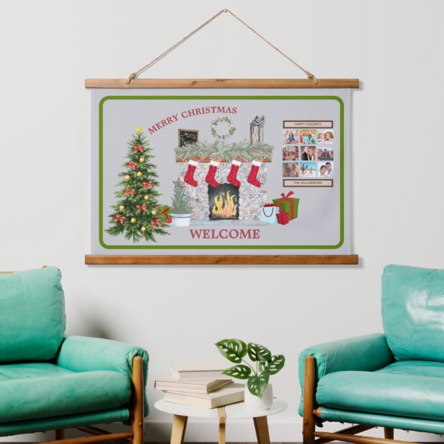 Christmas Scene Fireplace Gifts Photo Collage Hanging Tapestry (Living Room)