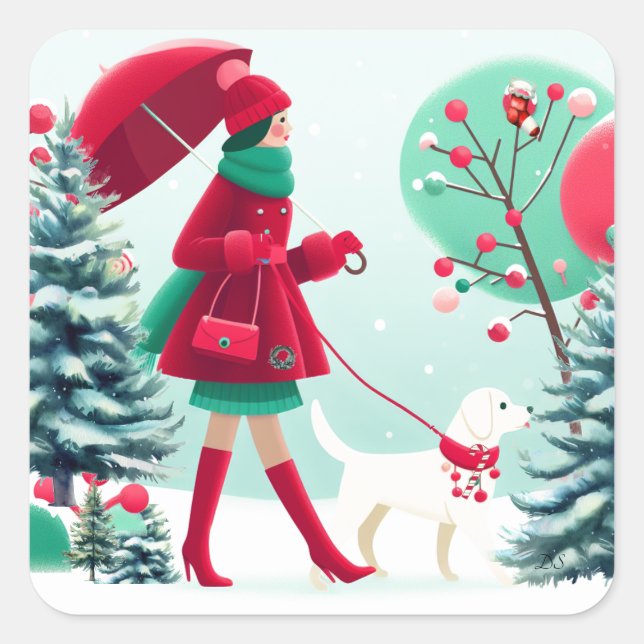Christmas Scene Girl Walking Dog  Square Sticker (Front)
