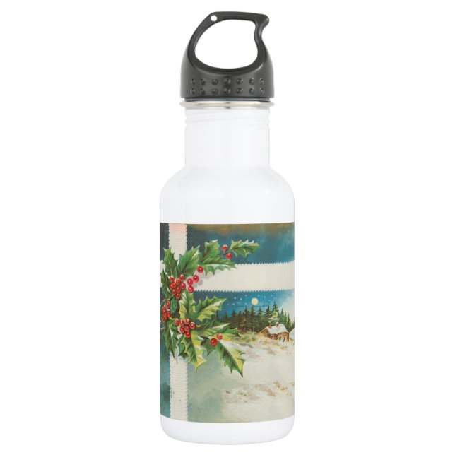 Christmas Scene Holly Snow Winter 532 Ml Water Bottle (Front)
