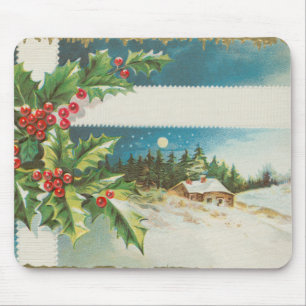 christmas scene holly snow winter artwork mouse mat
